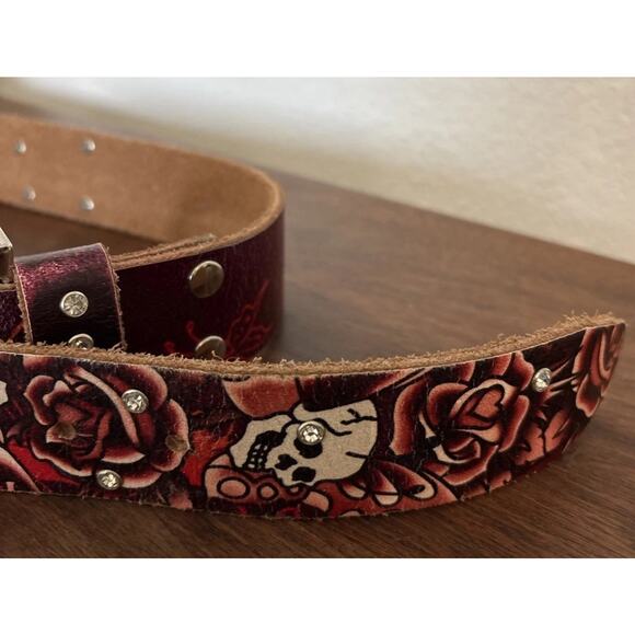 Vintage Ed Hardy Love Kills Slowly Belt Skulls Roses Rhinestones Y2K Size 29” main image 5